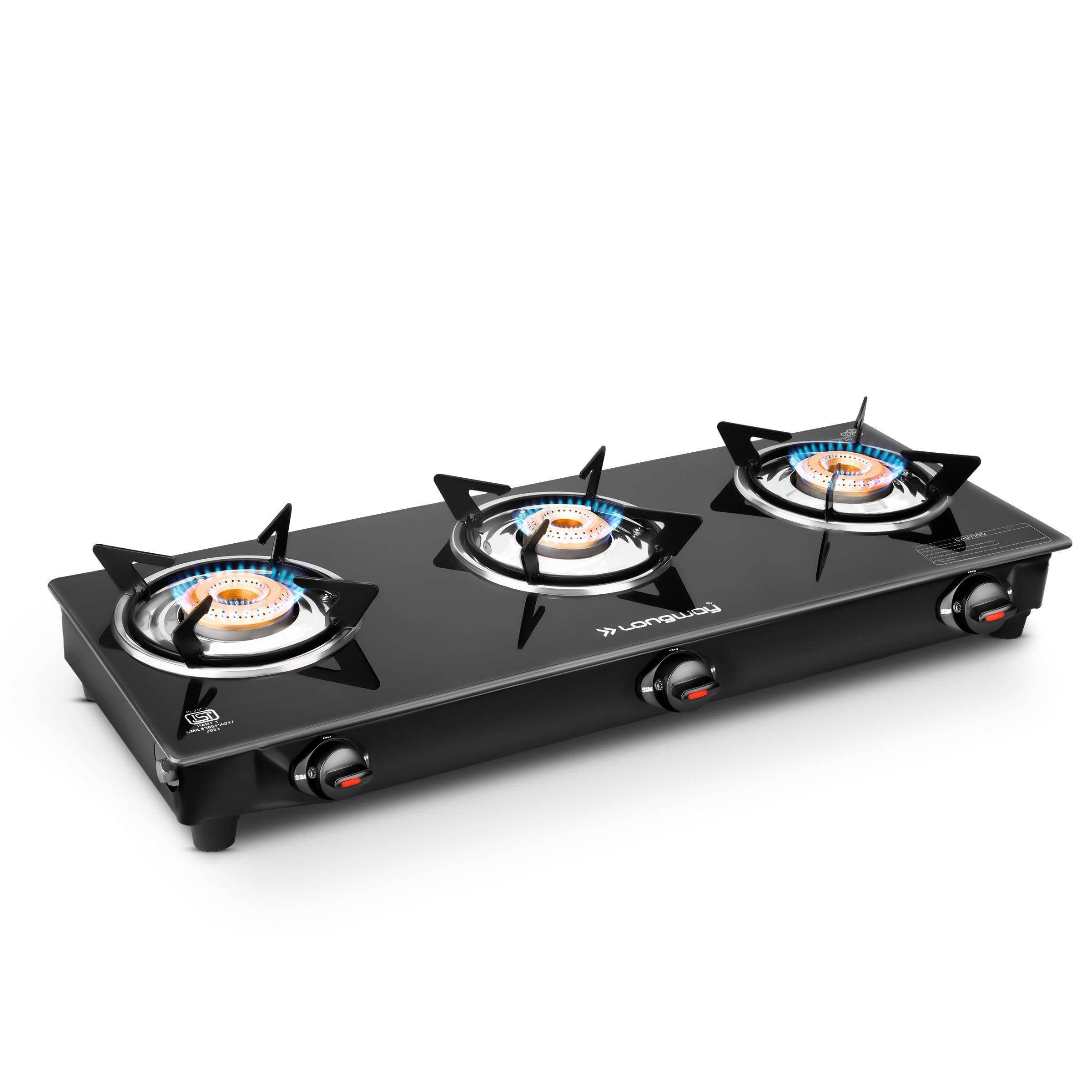 Longway Furn Glass Top 3 Burner Manual Ignition Glass Gas Stove Black
