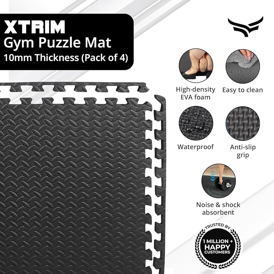 Xtrim Puzzle Exercise Mat 6 Tiles 10 Borders 16 Sq Ft Area High Density EVA Foam Mat Interlocking Tiles Shock Proof Protective Flooring for Gym Equipm